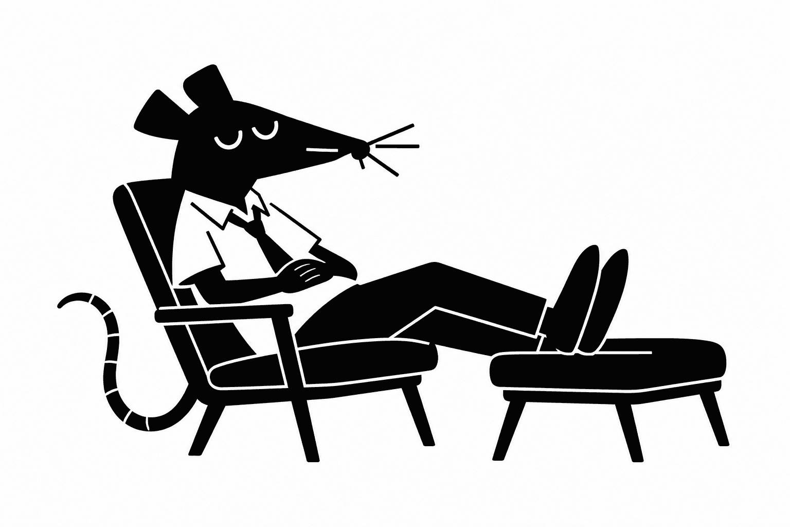 The rat takes a break in a lounge chair, eyes closed and feet up.